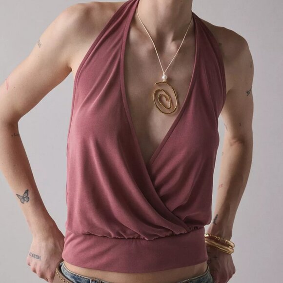 BDG Savannah Wrap-Front Cupro Halter Top - Picture 1 of 7